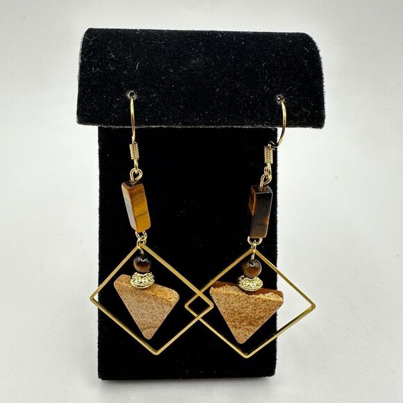 NWOT Geometric shape Tigers Eye and Picture Jasper stone dangle earrings in 925! - Picture 11 of 11